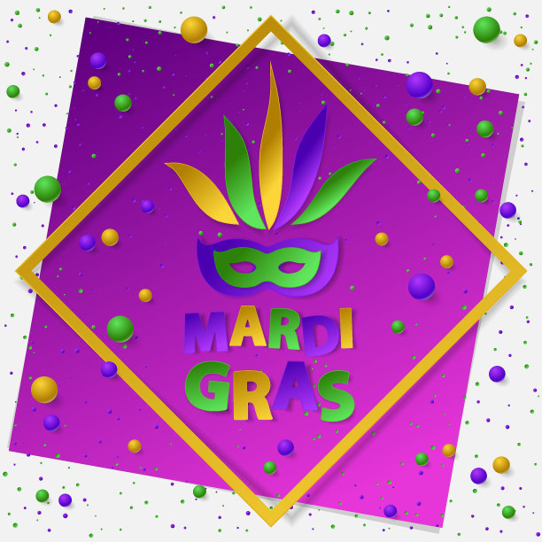 海报用绿色，黄色和紫色的灰尘，五彩纸屑，球和框架。矢量插图。纸面具和字母狂欢节在白色和紫色的背景。横幅，节日，派对的元素。图片下载