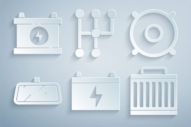 设置汽车电池，音响扬声器，后视镜，散热器冷却系统，变速杆和图标。向量图片下载