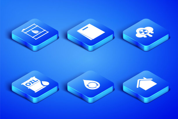 集房子，生物燃料桶，回收清洁水，油，购物袋和酸雨和放射性云图标。向量图片下载