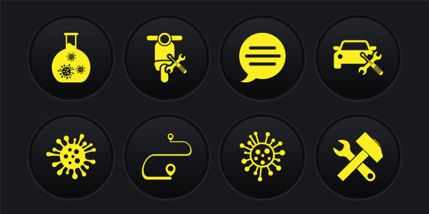 设置细菌，汽车服务，路线定位，语音气泡聊天，踏板车，交叉锤和扳手和试管与病毒图标。向量图片下载