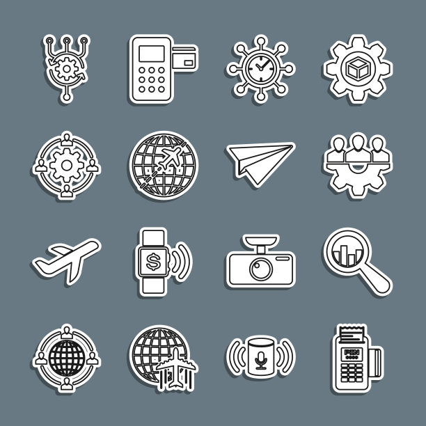 设置线POS终端，放大镜和分析，项目团队基地，时钟齿轮，带飞机的地球，外包概念，算法和纸图标。向量图片下载