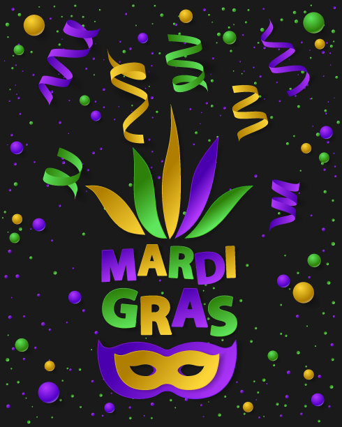 海报用绿色，黄色和紫色的灰尘，五彩纸屑，球和蛇纹石，丝带。矢量插图。纸面具和黑色背景上的狂欢节字样。横幅，节日，派对的元素。图片下载