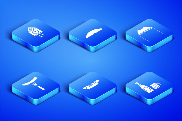 集啤酒瓶和玻璃，复古墙手表，热狗三明治，香肠上的叉子，自制派和露营帐篷的图标。向量图片下载