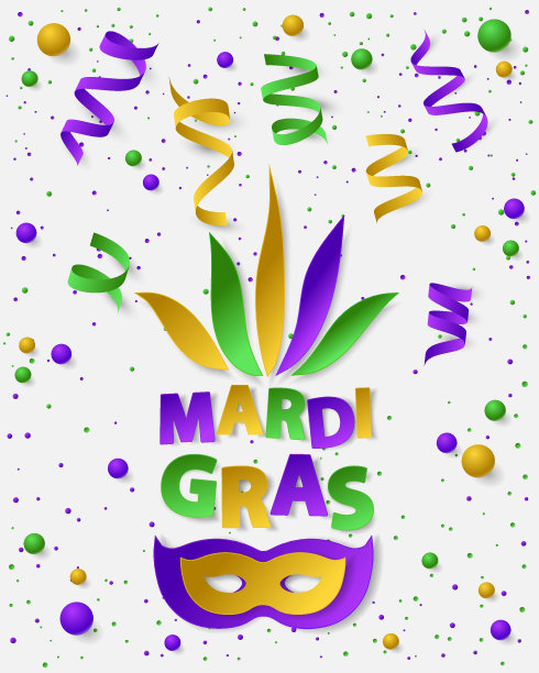 海报用绿色，黄色和紫色的灰尘，五彩纸屑，球和蛇纹石，丝带。矢量插图。纸面具和白色背景上的狂欢节字样。横幅，节日，派对的元素。图片下载