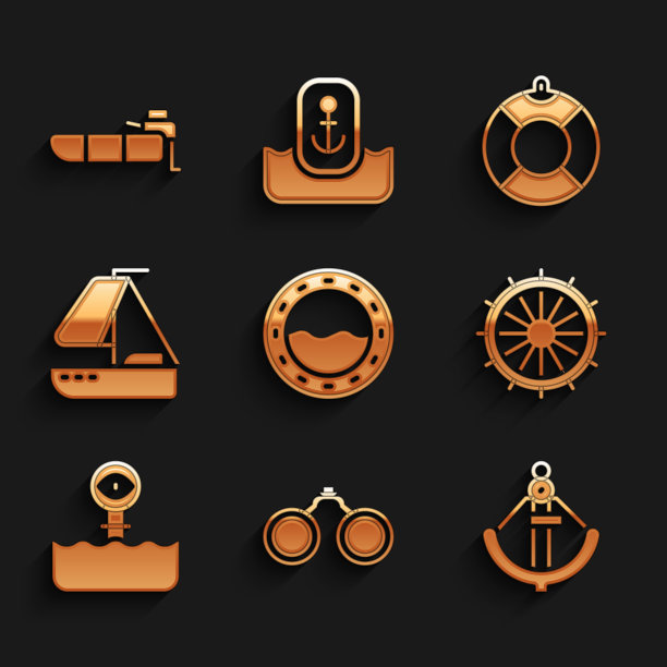 集船舶舷窗，双筒望远镜，锚，方向盘，潜望镜，游艇帆船，救生圈和充气与电机图标。向量图片下载
