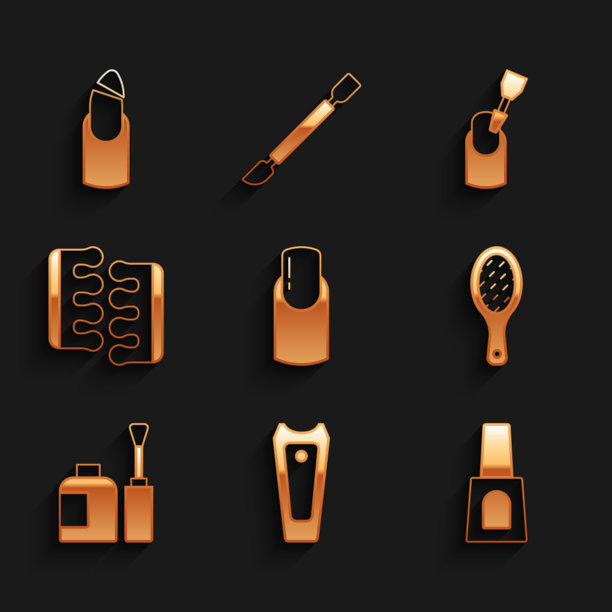 集指甲修指甲，刀具，瓶子指甲油，文件，脚趾分离器为足疗，铣削和破碎的图标。向量图片下载