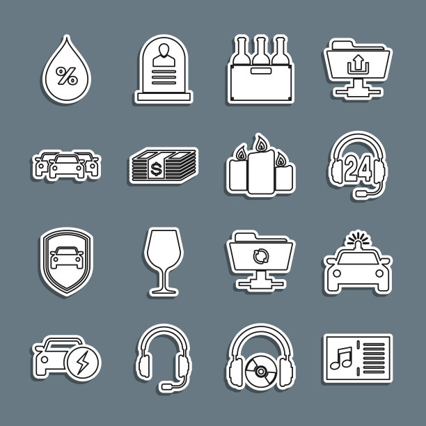设置线音乐书笔记，警车和闪光灯，耳机支持，瓶装酒在盒子里，纸钱美元现金，汽车，水滴百分比和燃烧的蜡烛图标。向量图片下载