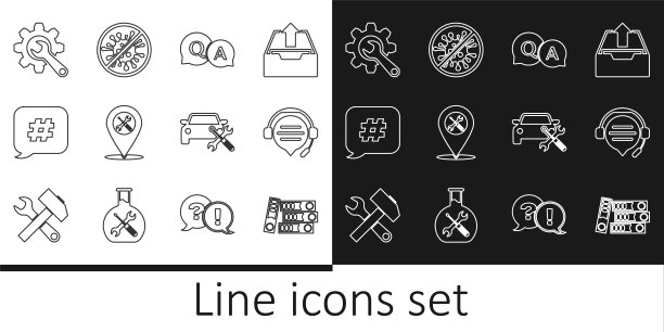 设置线办公文件夹，耳机语音气泡聊天，问题和答案，位置服务，标签，扳手齿轮，汽车和停止病毒，细菌图标。向量图片下载