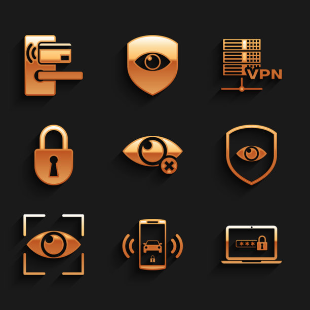 设置隐形或隐藏，智能汽车报警系统，带密码的笔记本电脑，屏蔽和眼睛，眼睛扫描和锁定图标。向量图片下载