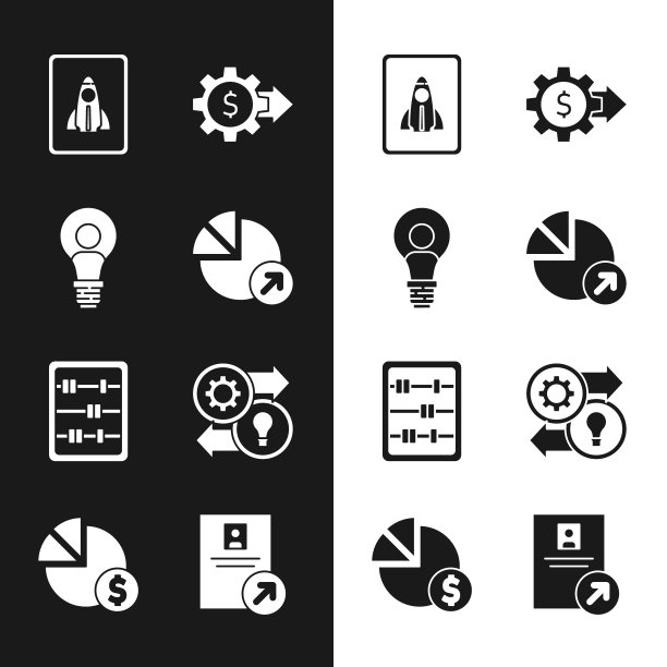 集财务增长，头与灯泡，创业项目的概念，齿轮美元，算盘，人力资源，工作晋升和饼图和图标。向量图片下载