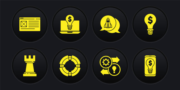 集国际象棋，灯泡与美元，商业救生圈，人力资源，创业项目的概念，笔记本电脑，手机和浏览器窗口图标。向量图片下载