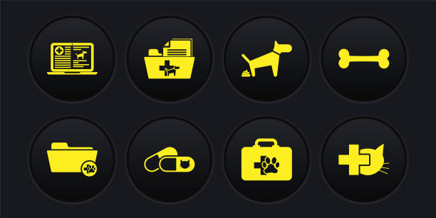 设置医疗兽医档案夹，狗骨，猫药，宠物急救箱，大便和图标。向量图片下载