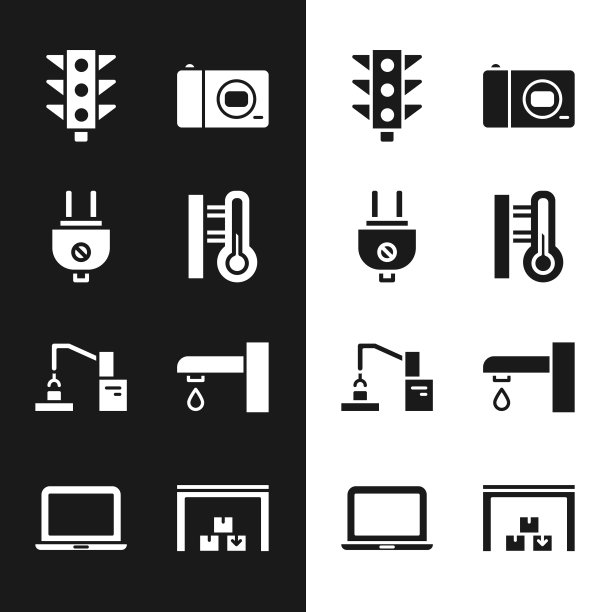 集气象温度计，电源插头，交通灯，照相机，机器人手臂手工厂，水龙头，仓库和笔记本电脑图标。向量图片下载