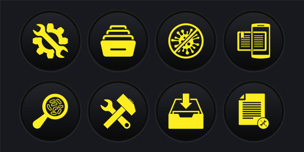 设置微生物下放大镜，智能手机和书籍，十字锤扳手，下载收件箱，停止病毒，细菌，抽屉与文件，文件服务和扳手齿轮图标。向量图片下载