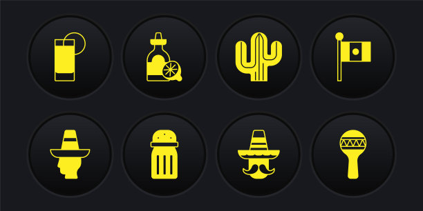 集墨西哥人宽边帽，墨西哥国旗，盐，仙人掌，龙舌兰酒瓶柠檬，沙球和玻璃图标。向量图片下载
