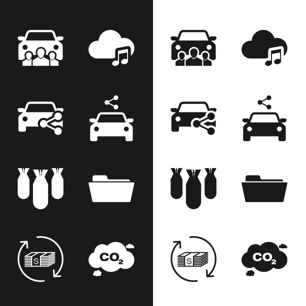 设置汽车共享，音乐流媒体服务，航空炸弹和文件夹图标。向量图片下载