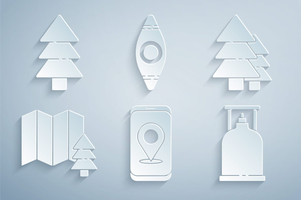 设置城市地图导航，树，森林，野营煤气炉，皮划艇和图标的位置。向量图片下载