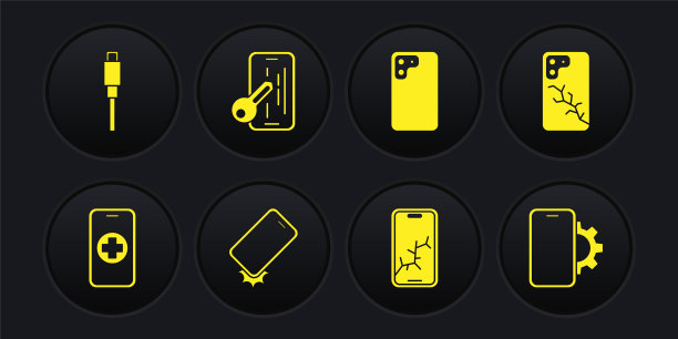 集手机维修服务、手机破屏、防震手机、智能手机、玻璃保护器、USB数据线图标。向量图片下载