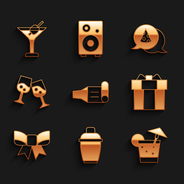 设置生日派对喇叭，鸡尾酒摇壶，礼盒，弓，香槟，切片披萨和马提尼玻璃图标。向量图片下载