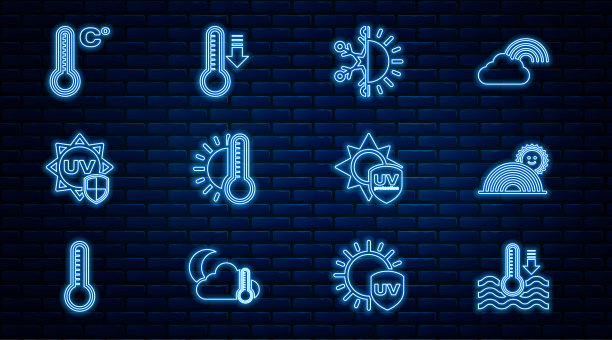 设置线水温度计，彩虹与太阳，太阳和雪花，温度计，紫外线防护，气象学，和图标。向量图片下载