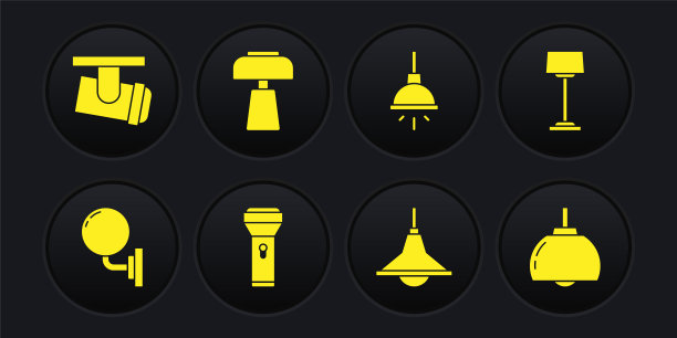 设置壁灯或壁灯，地板，手电筒，吊灯，桌子，和Led轨道灯灯图标。向量图片下载