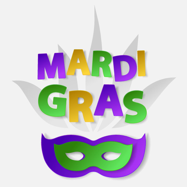 狂欢节纸面具上还有金、绿、黄、紫等颜色的狂欢节字样。孤立在白色背景上。矢量插图。横幅，节日，派对的元素。图片下载