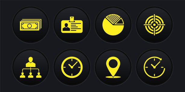 设置推荐营销，目标运动，时钟，地图别针，饼图信息图和标识徽章图标。向量图片下载