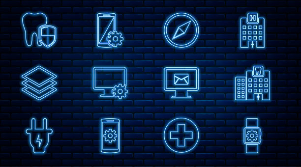 设置线智能手表设置，牙科诊所，风玫瑰，电脑显示器和齿轮，层，保护，监控信封和设置智能手机图标。向量图片下载