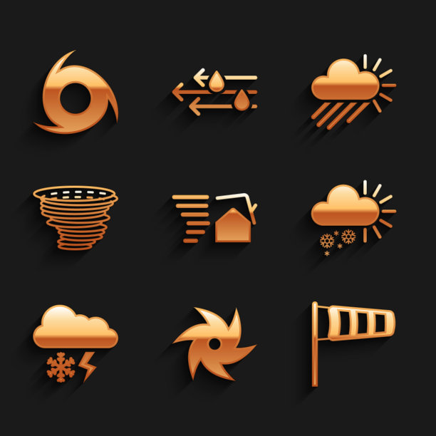 集龙卷风漩涡，锥形气象风袜风向标，多云与雪，闪电，雨太阳和图标。向量图片下载