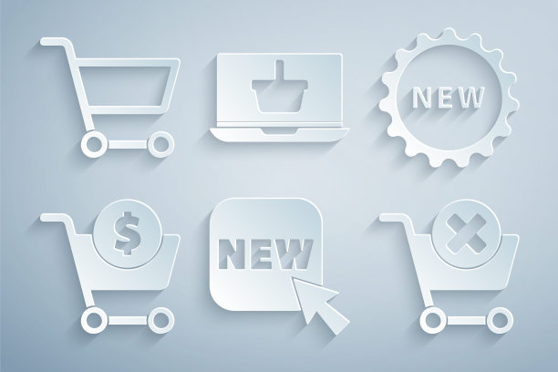 设置按钮与文本新，价格标签，购物车和美元，删除购物，篮子笔记本电脑和图标。向量图片下载