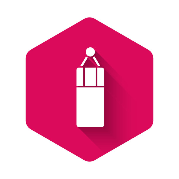 白色沙袋图标孤立的长阴影背景。粉红色六边形按钮。向量图片下载