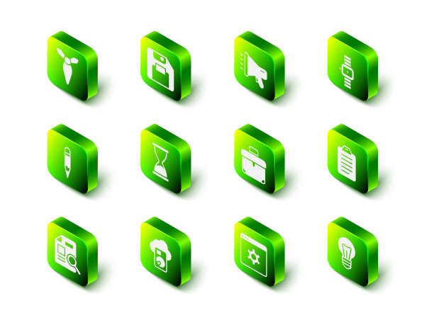 设置软盘，扩音器，腕表，待办事项列表或计划，灯泡，公文包，浏览器设置和云数据库图标。向量图片下载