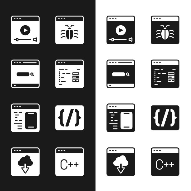 设置软件、搜索引擎、在线播放视频、系统bug、编程语言语法、云技术数据传输图标。向量图片下载