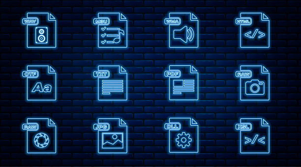 设置行XSL文件文档，RAW, WMA, TXT, OTF, WAV, PDF和M3U图标。向量图片下载