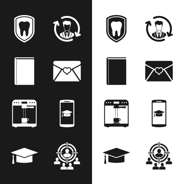 集信封与情人节的心，书，牙齿保护，人力资源，咖啡机和杯子和毕业帽移动图标。向量图片下载