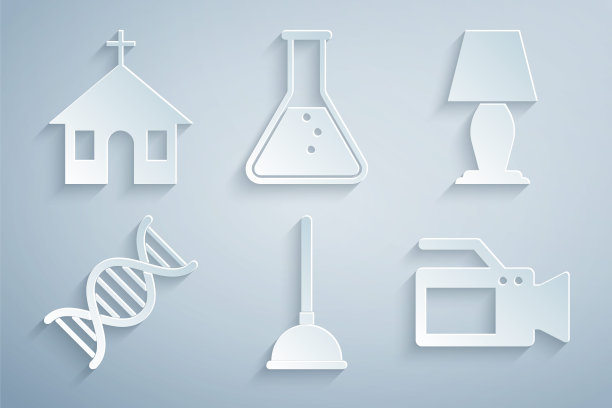 集橡胶柱塞，台灯，DNA符号，电影摄像机，试管和烧瓶和教堂建筑图标。向量图片下载