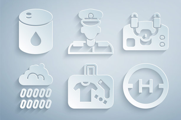 集行李箱，飞机舵机，云与雨，直升机着陆垫，飞行员和桶油图标。向量图片下载