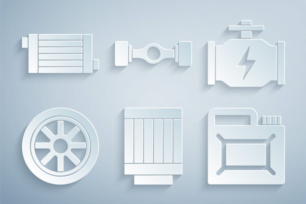 设置汽车空气过滤器，检查发动机，车轮，机油罐，底盘汽车和散热器冷却系统图标。向量图片下载