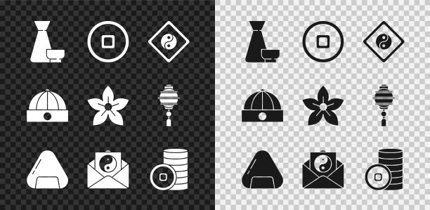 集中国茶道，人民币货币，阴阳，寿司，和信封，帽子和莲花图标。向量图片下载