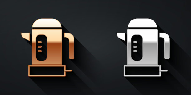 金色和银色电水壶图标孤立的黑色背景。茶壶图标。长影式。向量图片下载