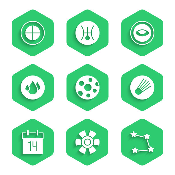 集满月，太阳，星星座十二生肖，彗星，日历，水滴，大奖章与眼睛和地球的图标。向量图片下载