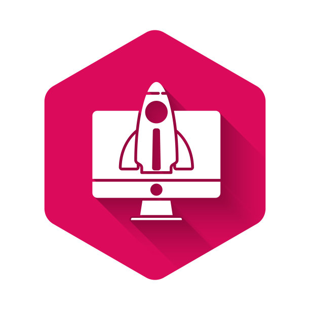 白色商业创业项目概念图标与长影子隔离。象征新商业、创业、创新和科技。粉红色六边形按钮。向量图片下载