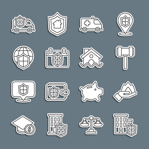 设置线房子与盾牌，手拿火，法官木槌，紧急汽车，日历，盾牌世界地球仪，汽车和洪水图标。向量图片下载