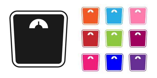 黑色浴室鳞片图标孤立在白色背景。重量测量设备。体重秤健身运动概念。设置图标彩色。向量图片下载