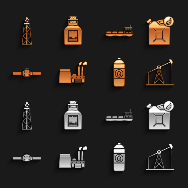 集石油工业厂房，生物燃料罐，泵泵千斤顶，汽油机油罐，工业管道和阀门，油轮，钻机与消防和汽油试管图标。向量图片下载