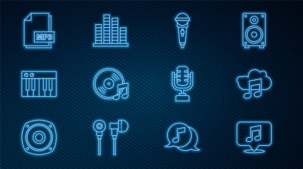 语音气泡中的音符、流媒体服务、麦克风、黑胶唱片、合成器、MP3文件和均衡器图标矢量素材图片下载