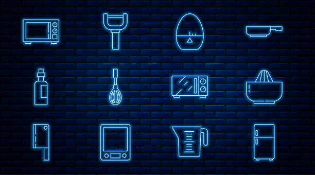 设置线冰箱，柑橘榨汁机，厨房定时器，打蛋器，一瓶橄榄油，微波炉，和削皮器图标。向量图片下载