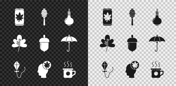 集叶子上的手机，蜜勺棒，洋葱，风筝，人的头与叶子，一杯茶，或树叶和橡子图标。向量图片下载