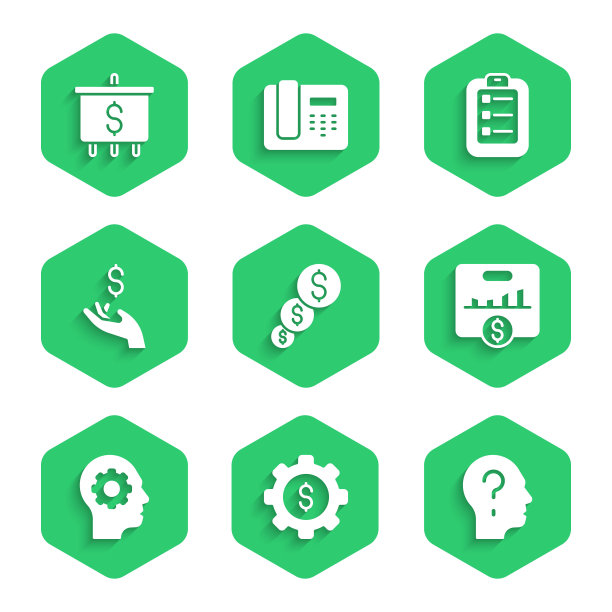 设置财务增长和美元，齿轮，头部问号，关键绩效指标，人的头齿轮内部，手持硬币钱，列出计划和目标图标。向量图片下载