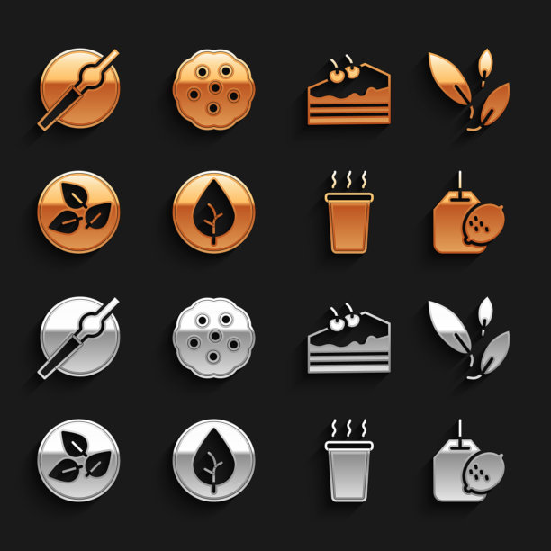 集茶叶，柠檬袋，一杯茶，一块蛋糕，香烟和饼干或饼干图标。向量图片下载